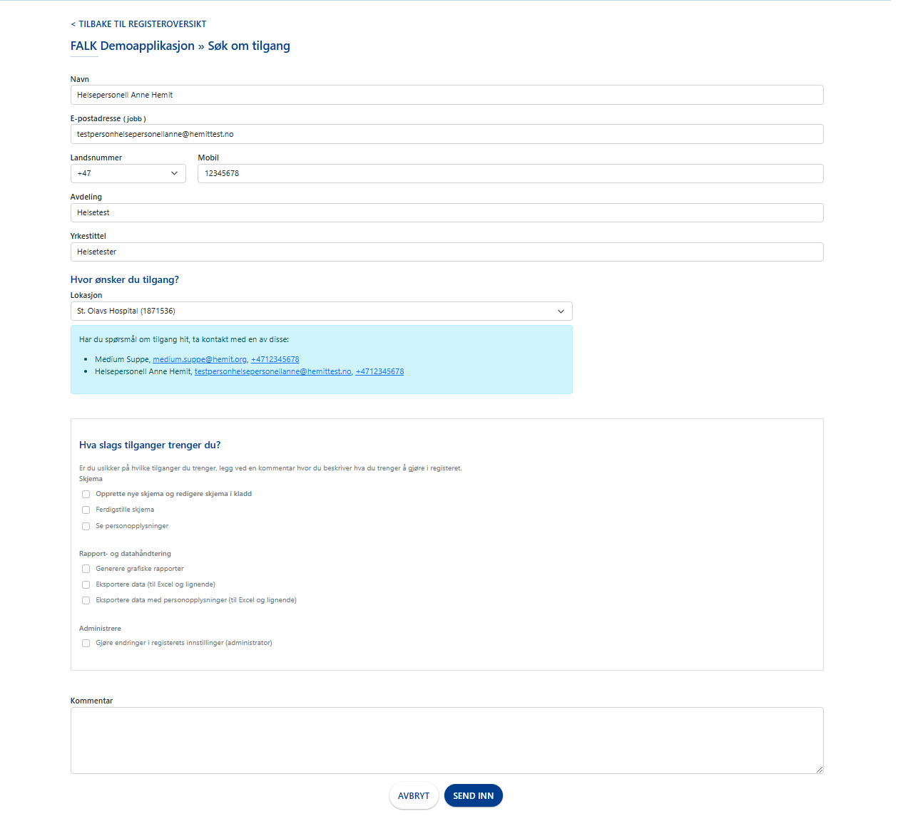 Skjema for å søke om tilgang til register.